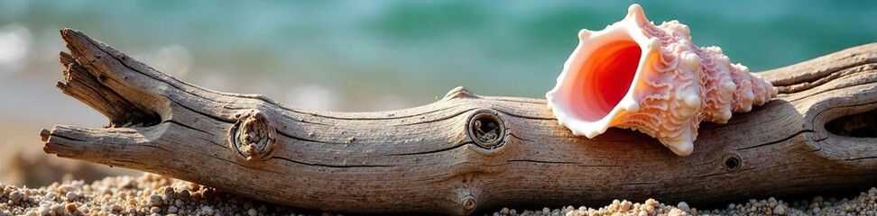 Weathered driftwood featuring an elegant pink conch and seaweed, texture, conch, natural