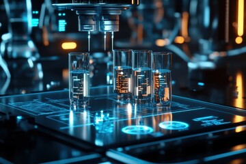 Advanced laboratory experimentation futuristic research facility digital science visualization high-tech environment close-up viewpoint