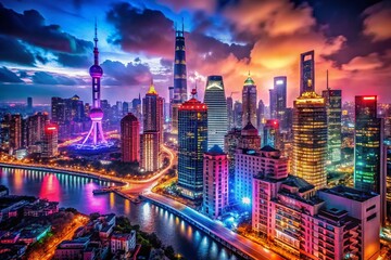 Fototapeta premium Night Cityscape Photography: Dark Urban Background, Neon Lights, City Nightscape, Night Photography Cover Photo