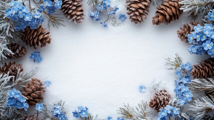 Wintery Christmas Decor with Snowy Background, Pine Cones, and Blue Flowers Creating a Festive Frame and Border for Holiday Greetings