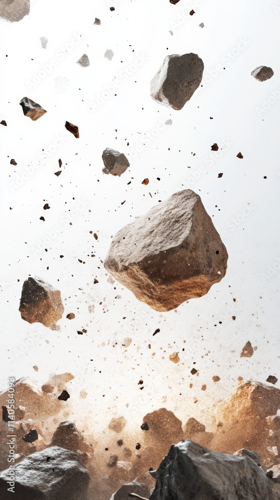 Poster rocks exploding creating dust cloud on white background
