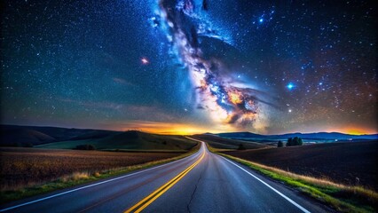 Night Cross Country Drive, Scenic Highway, Starry Sky, Rural Landscape, Dark Road, Night Photography, Long Exposure, American Landscape, Countryside Night, Night Drive Photography, 