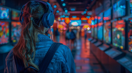 Obraz premium Woman Exploring a Neon-Lit Arcade in Casual Denim..
