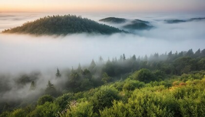 Fog in nature, cities and villages with misty forest landscape