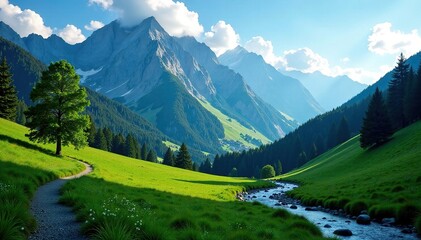 Majestic mountain range with lush green forest and winding stream, Tree, Winding Path