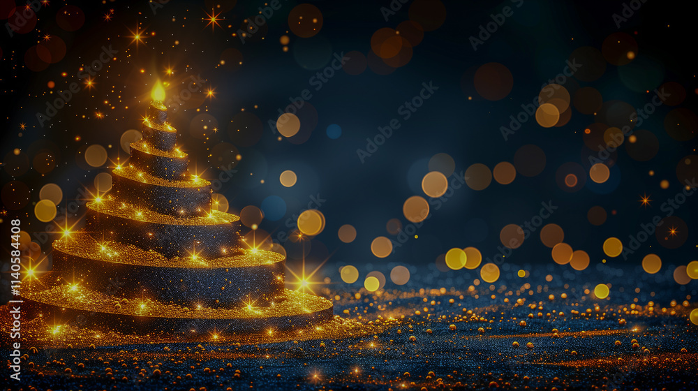 Poster glittering spiral tree with golden lights and sparkles..