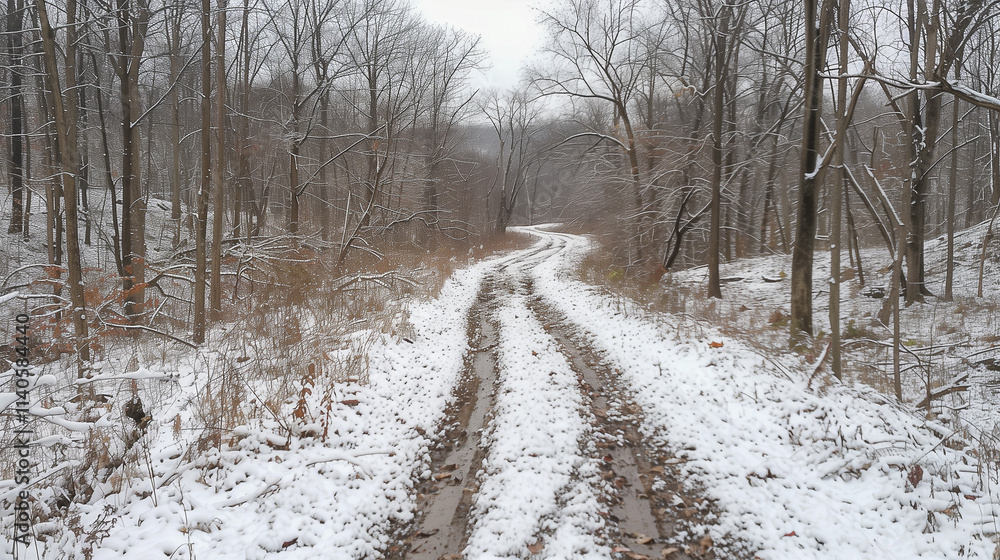 Poster snowy forest trail with bare trees on a cloudy winter day..