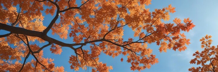 Fototapeta premium Maple tree with changing leaves against a blue sky, orange, season, green