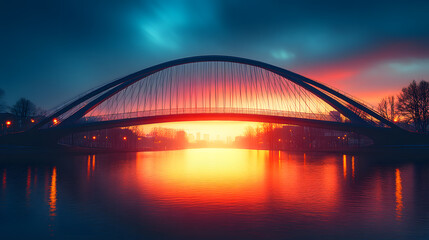 Fototapeta premium A stunning photography capturing an ultramodern bridge with sweeping lines, steel cables, and dynamic lighting, spanning over a tranquil river at sunset.