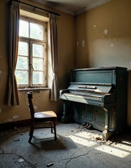 Abandoned vintage piano in sunlit room for nostalgic design and decor inspiration