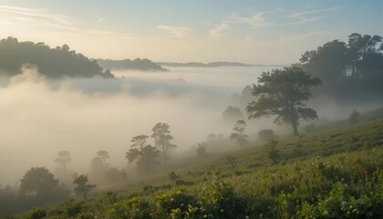 Fog in nature, cities and villages with misty forest landscape