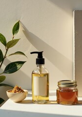 Natural skincare essentials: botanical oil, homemade scrub, and honey jar on minimalist sunlit surface