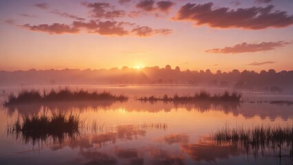 Fototapeta premium misty atmosphere over lake Neusiedl at sunset, atmosphere, clouds, Neusiedl