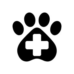 Paw print with white plus silhouette icon vector illustration design on white background.