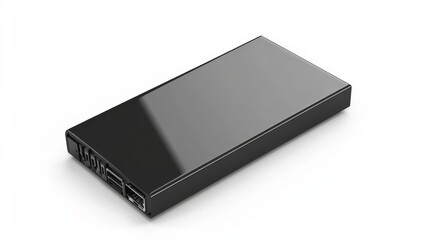 Sleek black external hard drive with usb ports on white background