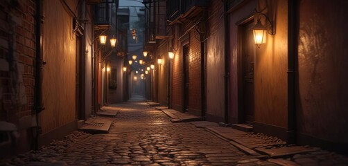 Fototapeta premium Alleyway with a single lantern hanging from the ceiling casting a warm glow, night, soft ambiance