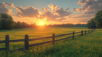 Fototapeta premium Sunset illuminating green meadow with wooden fence and trees
