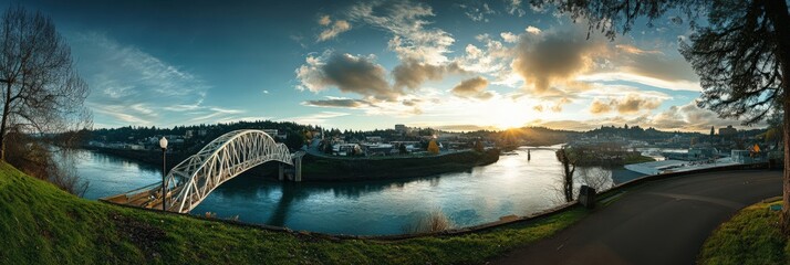 Oregon City Bridge: A Stunning Architectural Marvel over the River with Captivating Panoramic Skyline