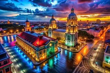 Fototapeta premium Night Photography: Black, Black, and Color - Dark Cityscape, Vibrant Lights, Dramatic Shadows, Urban Nightscape, Night City, City at Night, Dark Night, Night Scene, Night Lights, Black and Color 