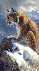 Fototapeta premium Majestic lynx observing snowy mountain landscape during snowfall