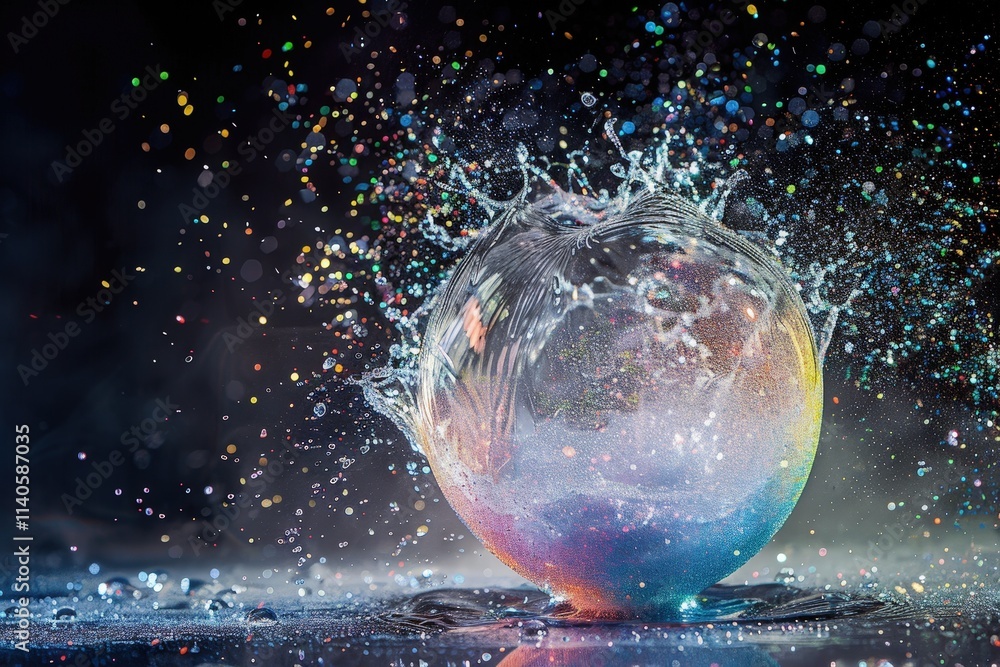 Poster colorful water splash moment captured in the studio with vibrant particles flying around in the dark