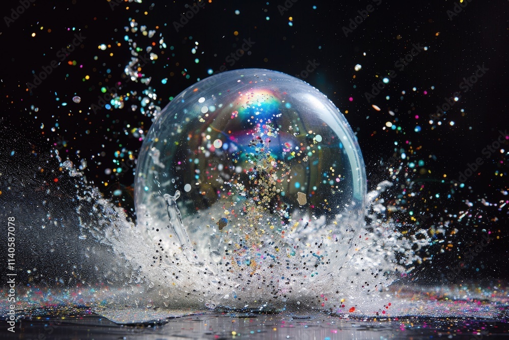Poster colorful water splash moment captured in the studio with vibrant particles flying around in the dark