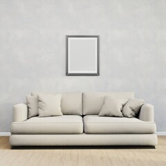 Home interior mock up poster on a white concrete wall, sofa and decor in Living room, blank picture frame, 3d render, 3d illustration