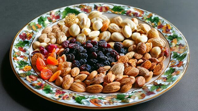 A beautifully decorated plate of assorted nuts and dried fruits, perfect for snacking during Ramadan. Ramadan food