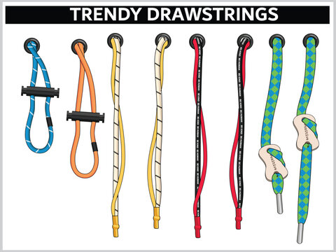 SET OF TRENDY DRAWSTRINGS FOR WAIST BAND, BAGS, SHOES, JACKETS, SHORTS, PANTS, DRESS GARMENTS, DRAWCORD AGLETS FOR CLOTHING AND ACCESSORIES VECTOR ILLUSTRATION