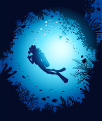 Vector illustration with silhouette of scuba diver, coral reef and school of fish. Underwater wildlife. Seascape with coral cave. 
