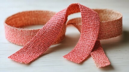 Two pieces of woven, coral-colored fabric ribbon, slightly different shades,  on a light wood surface.
