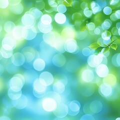 Fototapeta premium Abstract Background of Soft Bokeh Lights in Blue and Green Hues with Natural Leaf Elements Creating a Dreamy, Airy Atmosphere for Creative Projects and Designs