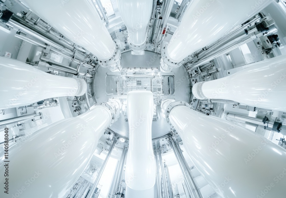 Poster aerial view of tall industrial pipes and tubes in a modern factory setting with bright lighting and 