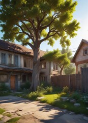 Neglected backyard around an old house with a tree, outdoor weeds, old house, untamed