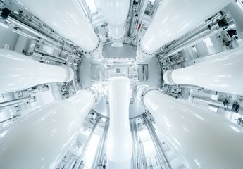 Aerial View of Tall Industrial Pipes and Tubes in a Modern Factory Setting with Bright Lighting and Sleek Design Elements Creating a Futuristic Atmosphere