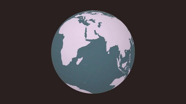 Rotating planet. Tilted sphere view. Moderate speed globe rotation. Solid color style. World map with sparse graticule lines on dark background. Classy animation.