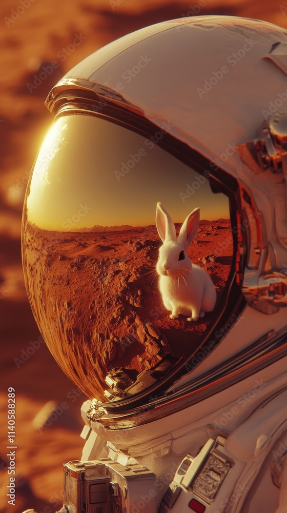 Poster astronaut exploring mars reflecting rabbit in helmet visor