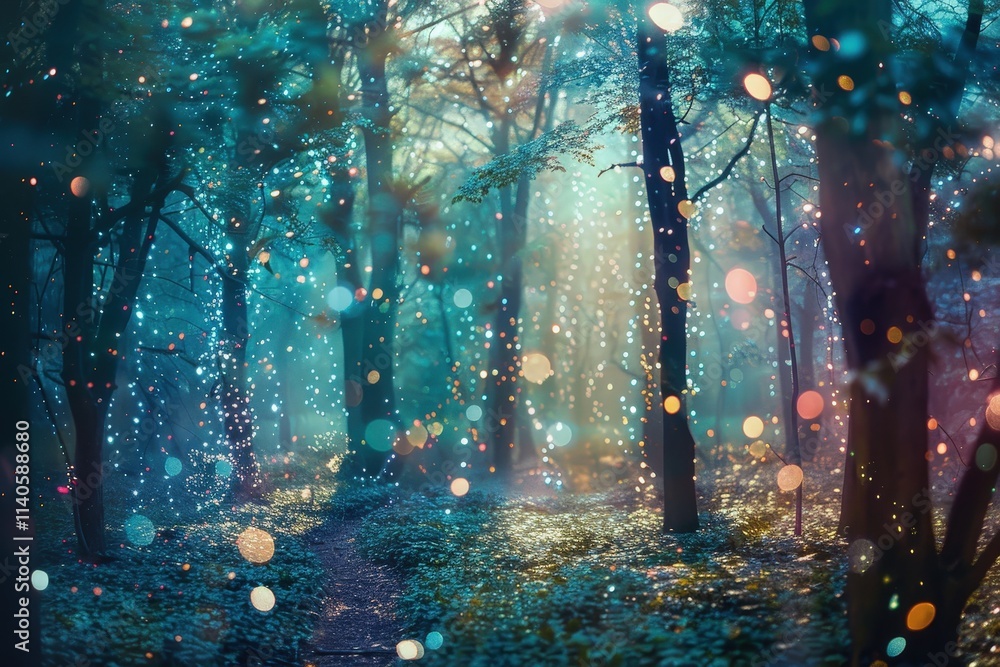 Poster mysterious forest path illuminated by ethereal light in a serene and enchanting blue-hued woodland d