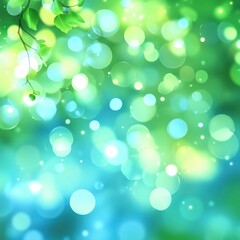 Beautiful Abstract Background with Soft Glowing Bokeh Lights in Shades of Green and Blue, Featuring Delicate Leaves for a Fresh and Natural Feel