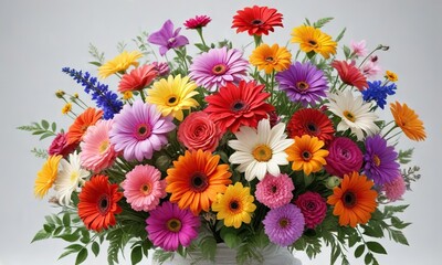 Colorful flowers arrangement isolated on white background, petals, red, vase