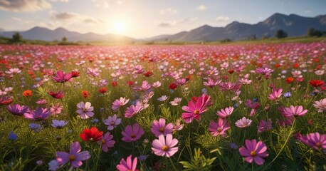 Open field with vibrant cosmos flowers blooming in the sun, open field, vibrant colors