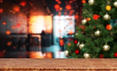 empty christmas desk background with christmas tree