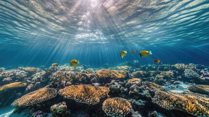 Vibrant 3D Underwater Scene with Marine Life, Coral Reefs, and Sunlight Rays