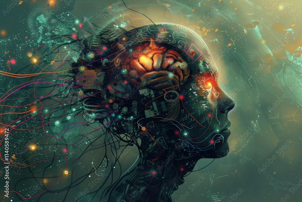 Leinwandbilder Exploring the intersection of technology and consciousness in a digital artwork depicting a human silhouette with a vibrant brain and intricate circuitry