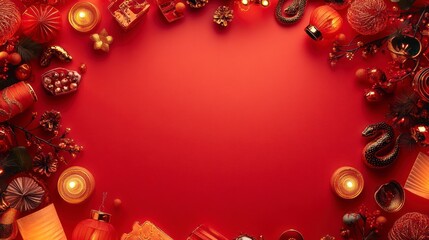 Serene Red Border Design for Chinese New Year Celebration Featuring Festive Decorations, Candles and Snakes, Perfect for Seasonal Projects and Holiday Promotions