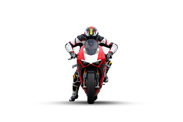 Front view of a rider sitting on a red sport motorcycle isolated on transparent background