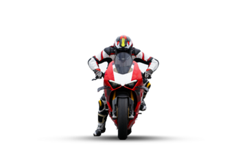 Motorcycle rider riding red sport bike - front view isolated on white background