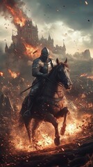 Medieval knight escaping burning castle on horseback