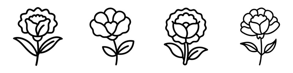 carnation icon, flower line art, flower icon - Minimalistic black outline illustration of carnation flower, perfect for icons, logos, and floral-themed designs.

