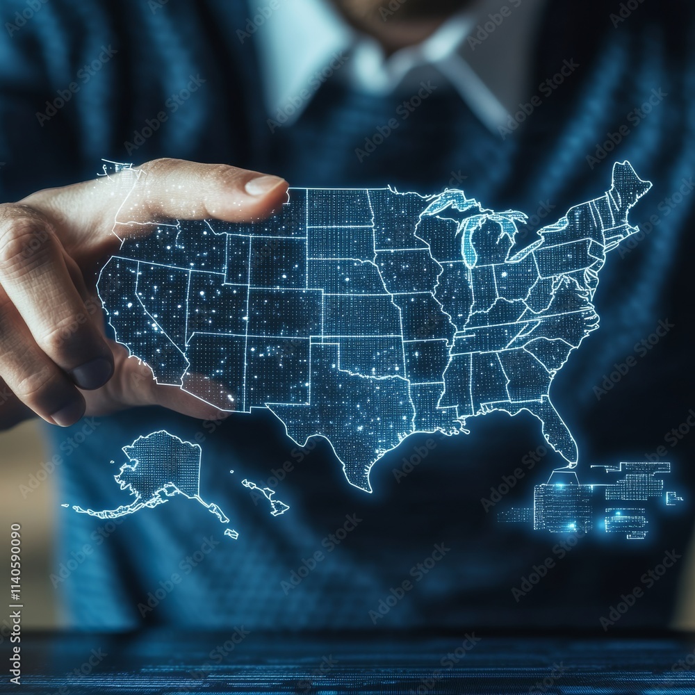 Poster digital representation of the united states with a focus on map interactivity showcasing technology 
